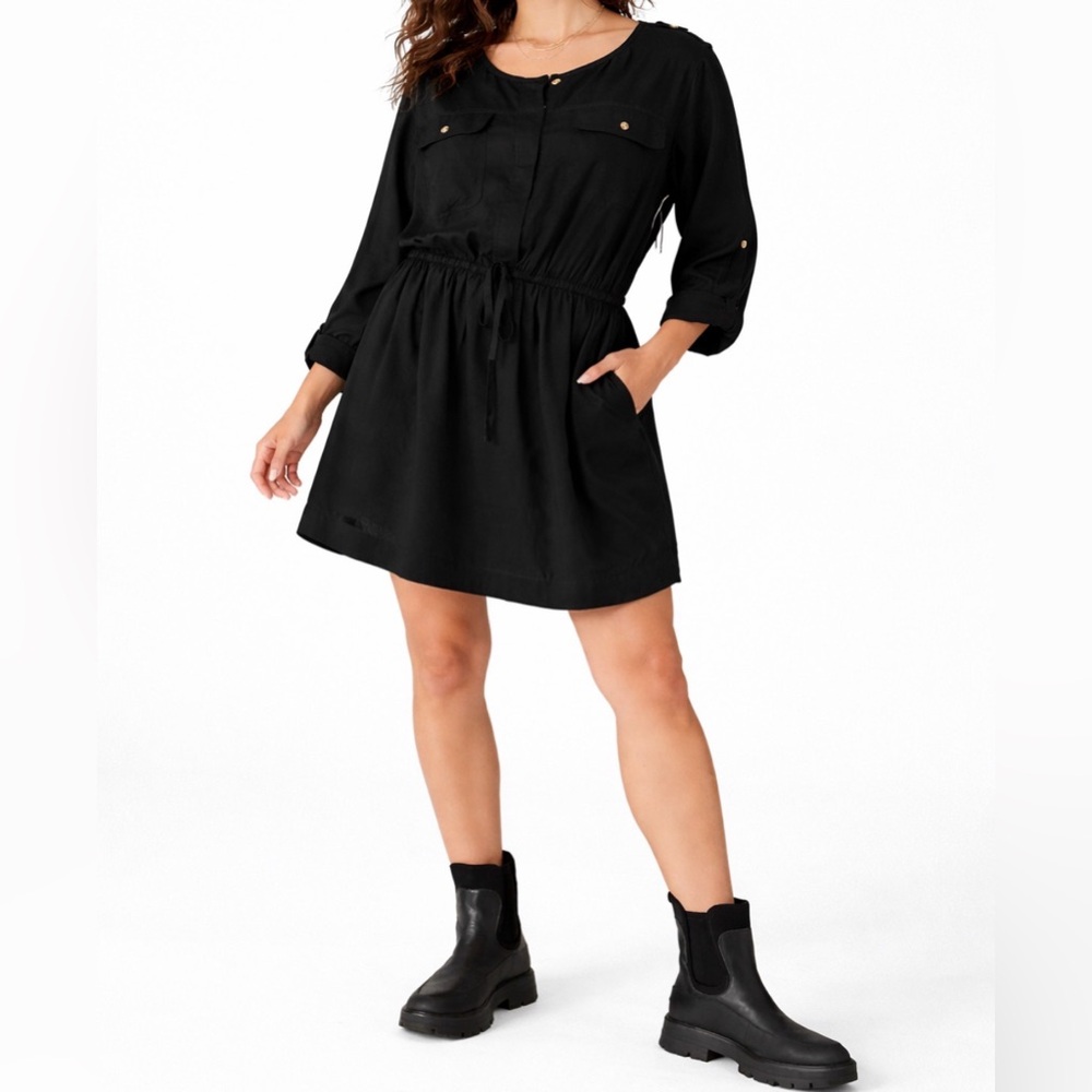 NWT Lucky Brand Black Relaxed Surplus Shirt‎ Dress Roll Tab Sleeve XXL